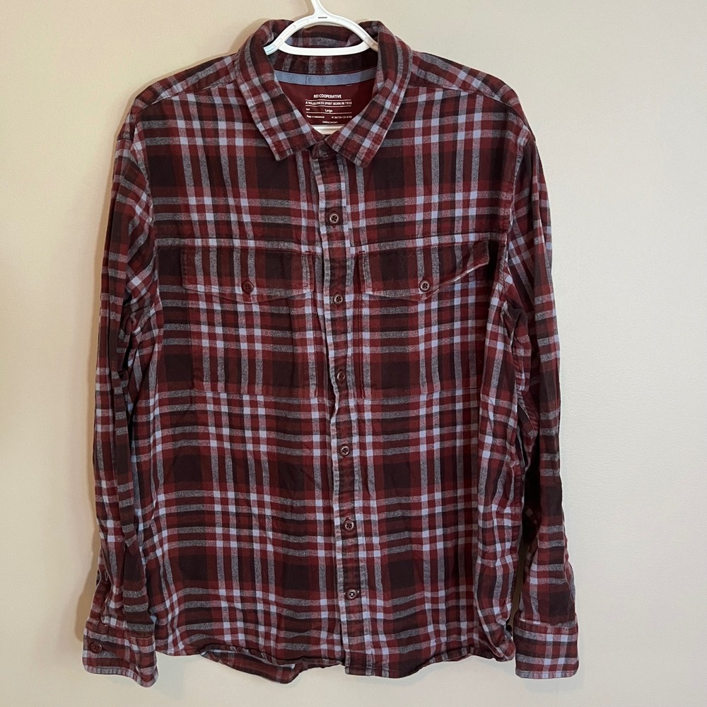REI Co-op Mens Large Flannel Shirt Burgundy Red Blue Plaid Cotton Button Down